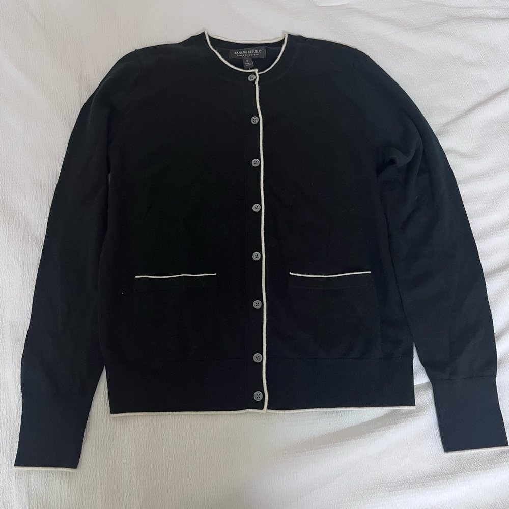 Banana Republic Merino Crew Cardigan With Pockets Black/White